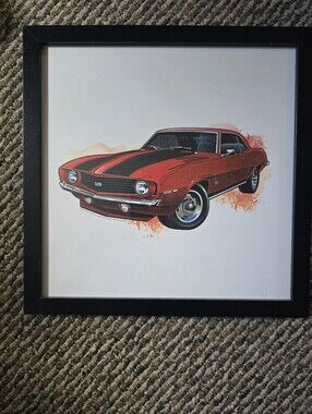 Framed Red Muscle Car Art Print with Black Stripes